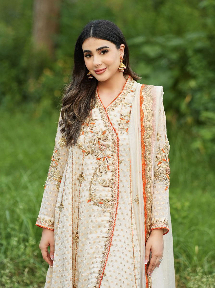 angrakha dress design Cream Model Triangle Thread Embroidered Angrakha Dress