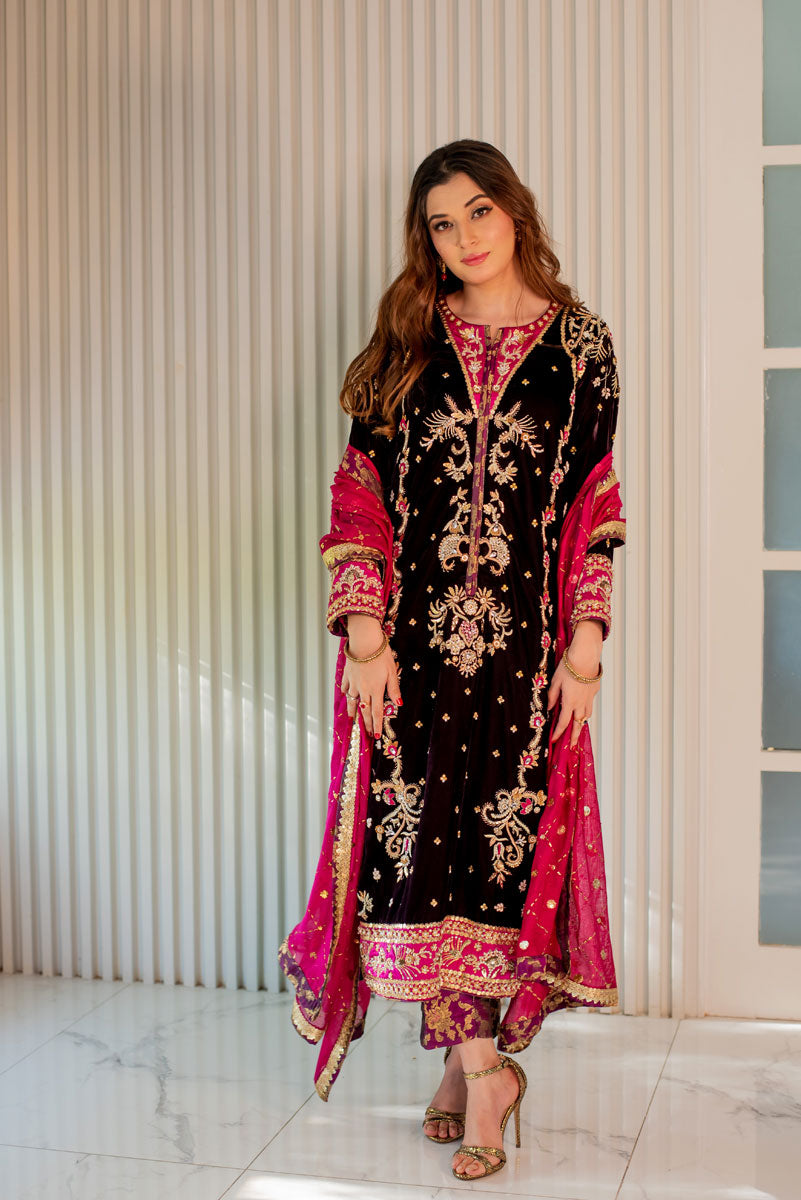 Purple Velvet Kameez S / Light Sequins Spray