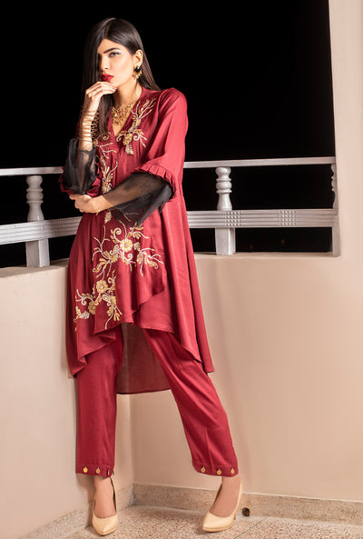 maroon pakistani cape style