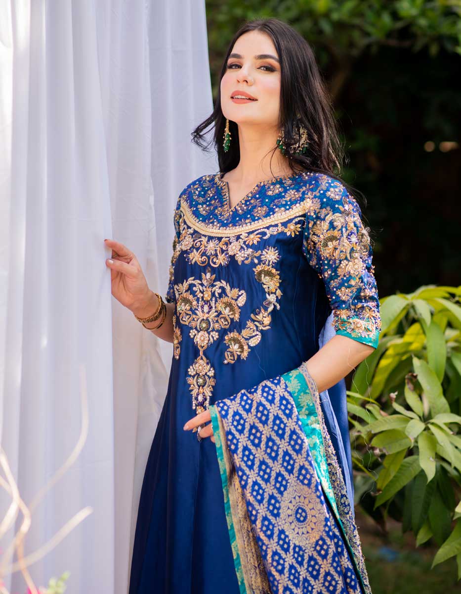 white christmas dresses Festive Wear Blue Color Embroidery Work Anarkali Gown Suit main image 0