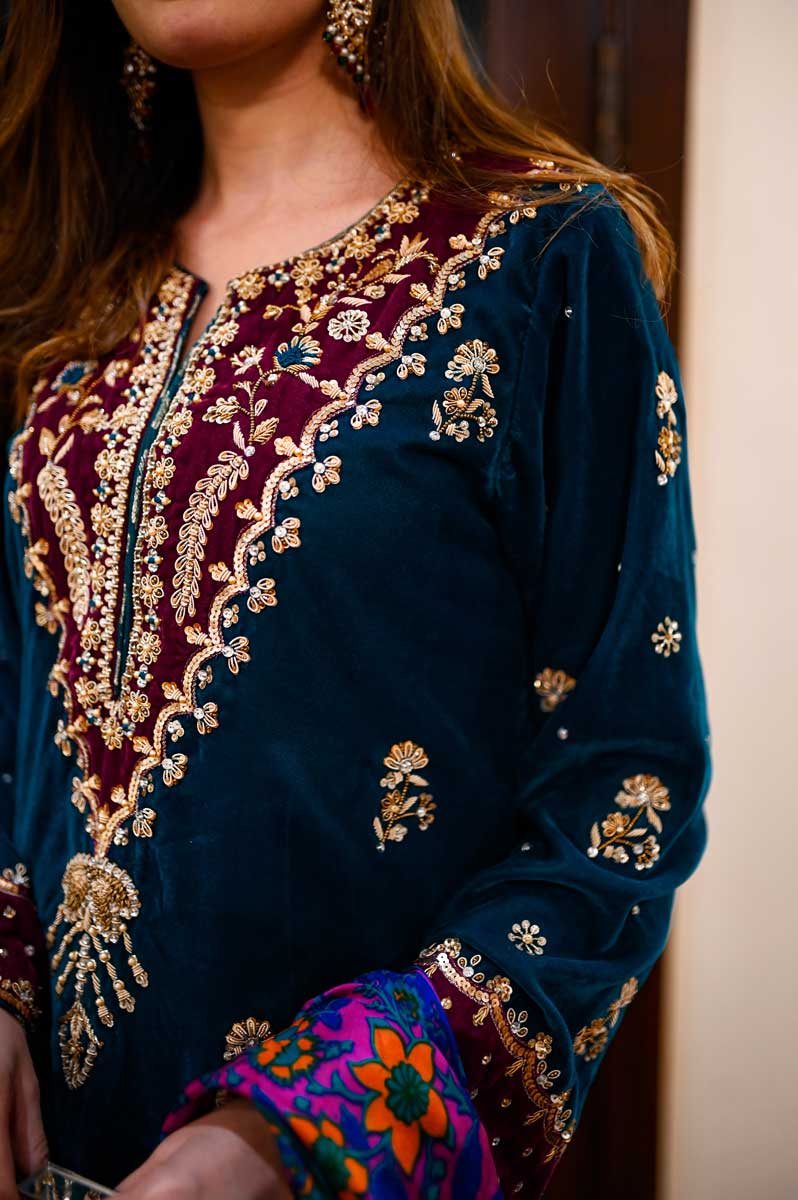 blue velvet embroidered dress Afghan Velvet Gown Dress Small main image 0